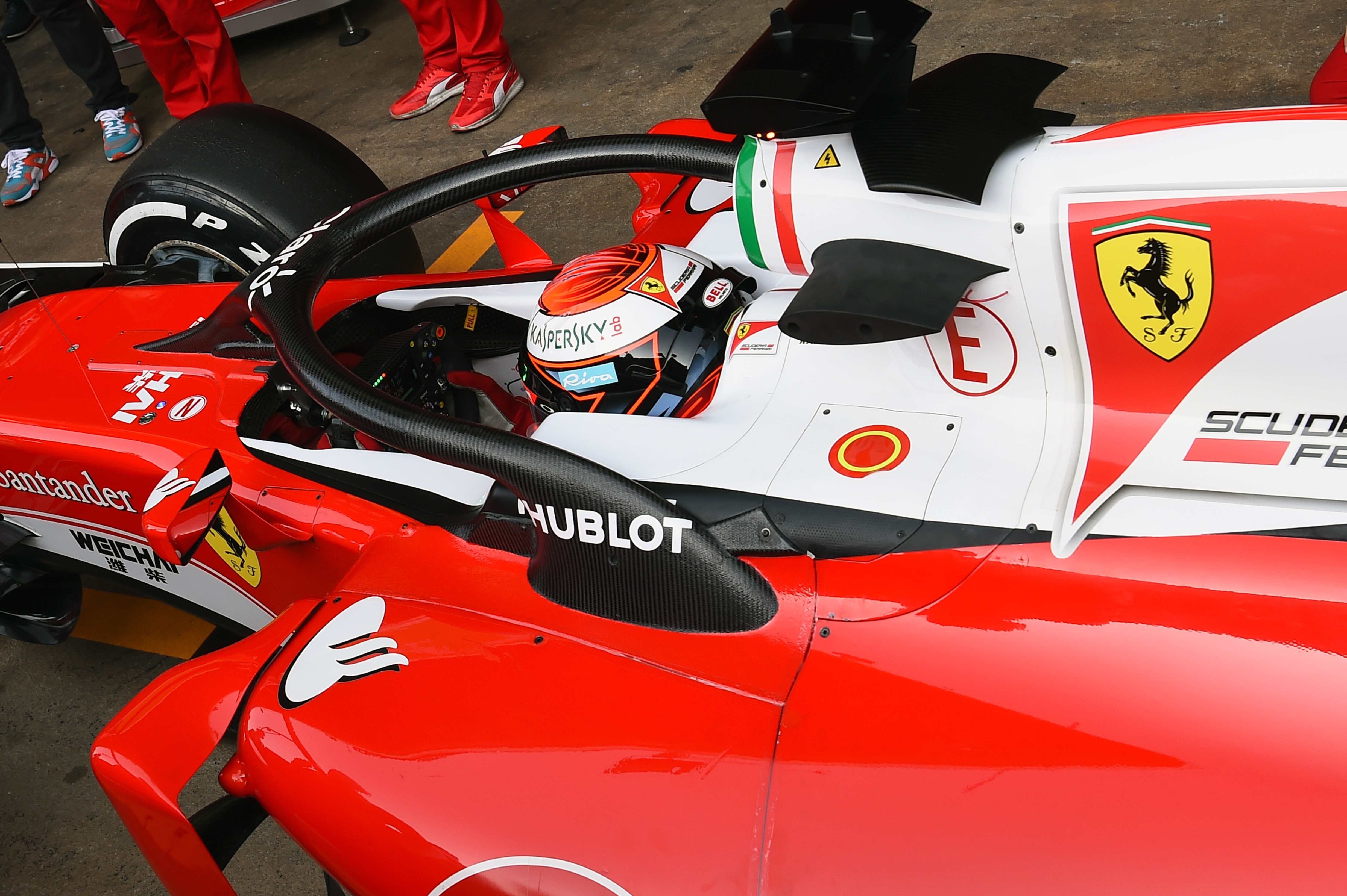 Kimi in the 2016 Ferrari with the new halo head protection