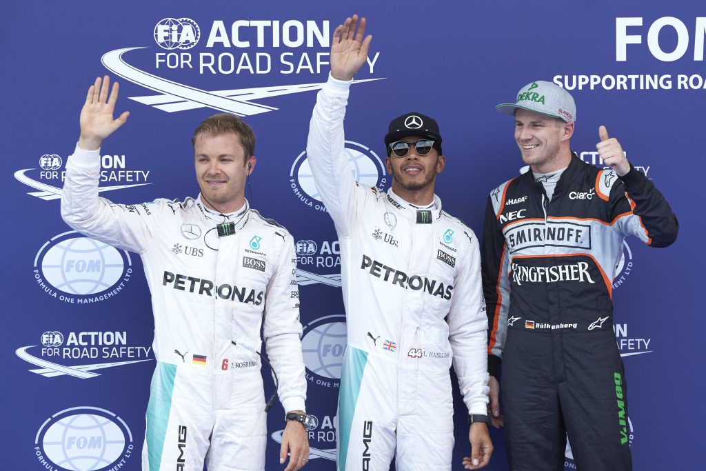Nico Rosberg, Lewis Hamilton & Nico Hulkenberh after the Austrian Grand Prix 2016 Qualifying session