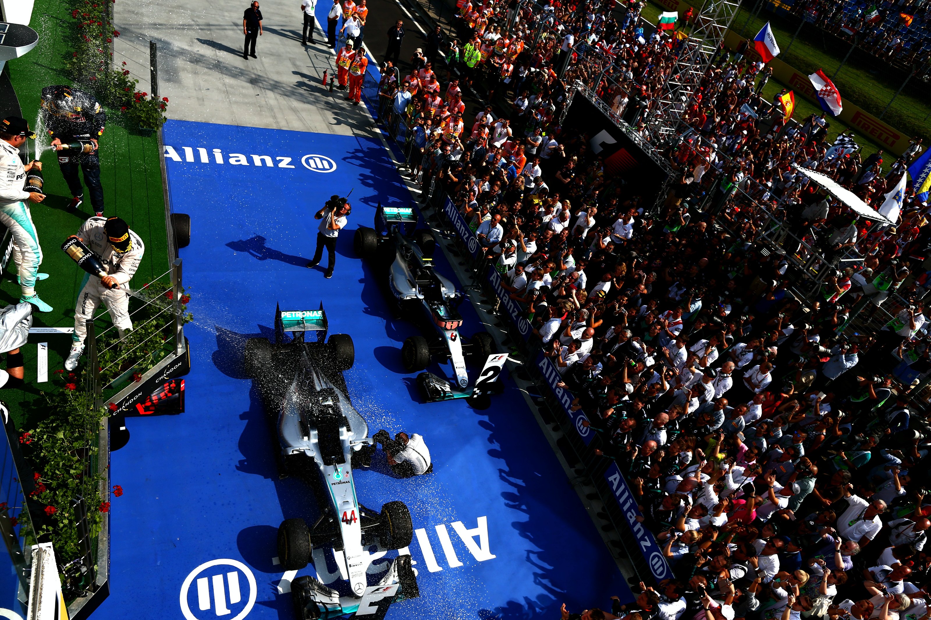 The podium celebrations at the 2016 Grand Prix of Hungary