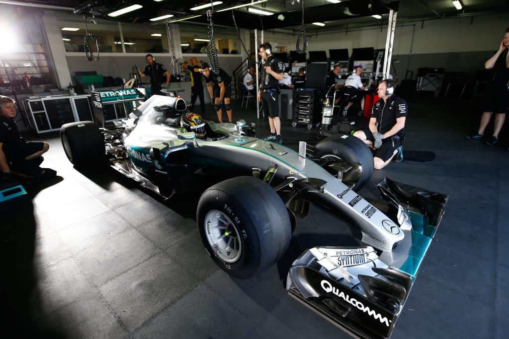 Merceds F1 W06 with 2017 tyres in the garage