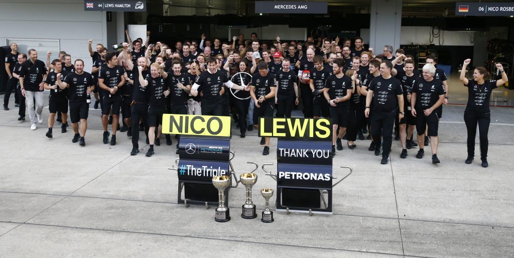 Mercedes celebrate the win and their 3rd Constructor's title