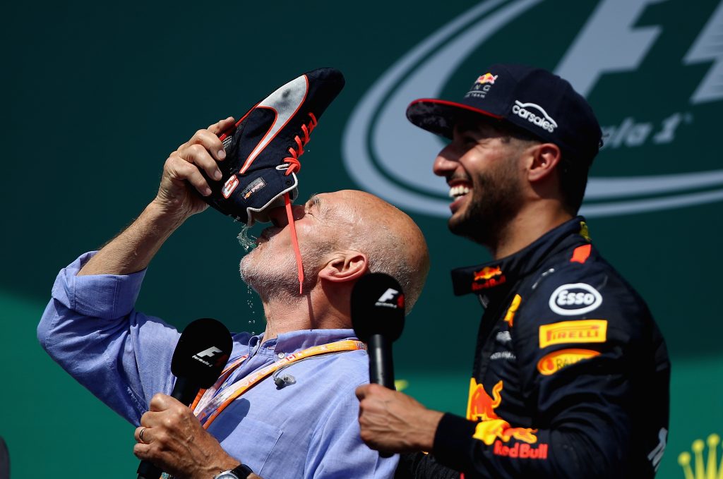 MONTREAL, QC - JUNE 11: Actor Sir Patrick Stewart celebrates on the podium with Daniel Ricciardo of Australia and Red Bull Racing and a shoey during the Canadian Formula One Grand Prix at Circuit Gilles Villeneuve on June 11, 2017 in Montreal, Canada. (Photo by Clive Mason/Getty Images)