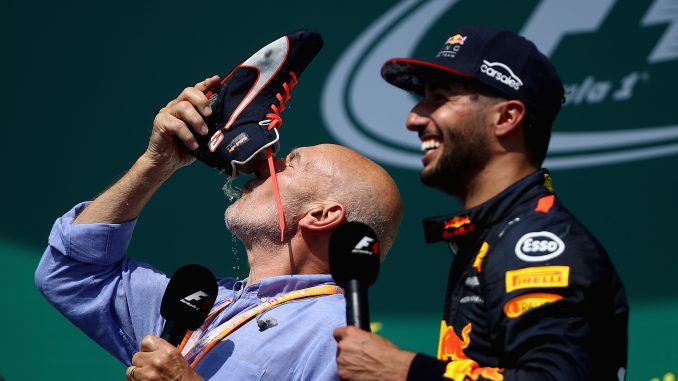 MONTREAL, QC - JUNE 11: Actor Sir Patrick Stewart celebrates on the podium with Daniel Ricciardo of Australia and Red Bull Racing and a shoey during the Canadian Formula One Grand Prix at Circuit Gilles Villeneuve on June 11, 2017 in Montreal, Canada. (Photo by Clive Mason/Getty Images)