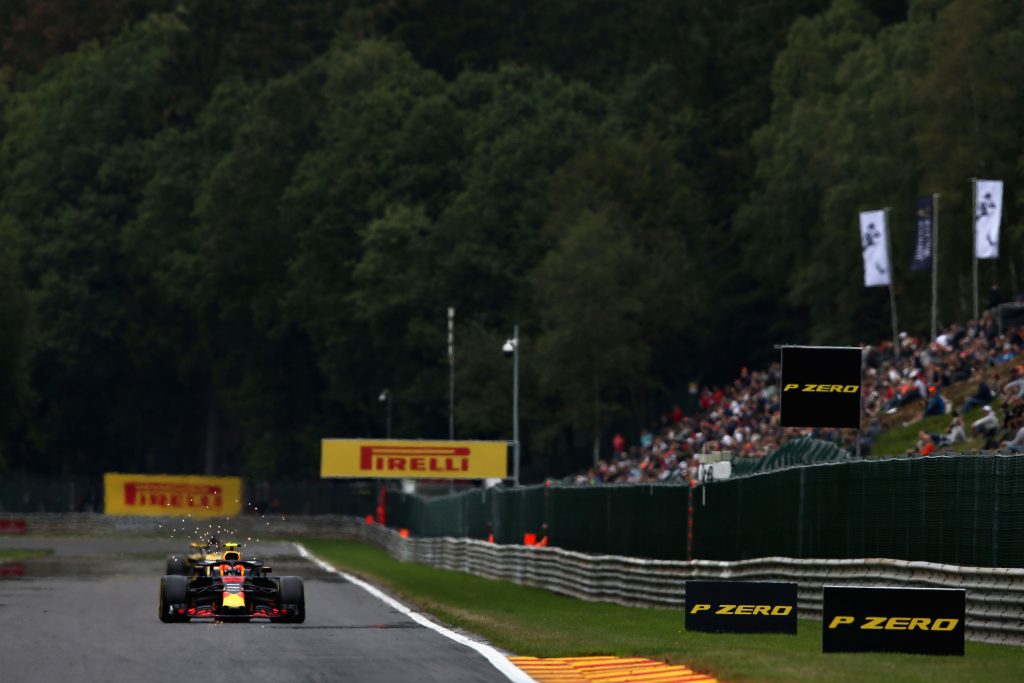 Max Verstappen of the Netherlands driving the (33) Aston Martin Red Bull Racing RB14 TAG Heuer on track during practice for the Formula One Grand Prix of Belgium at Circuit de Spa-Francorchamps on August 24, 2018 in Spa, Belgium. (Photo by Charles Coates/Getty Images)