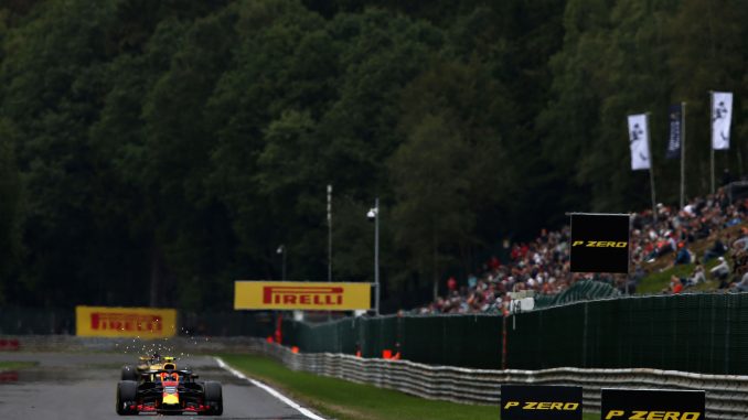 Max Verstappen of the Netherlands driving the (33) Aston Martin Red Bull Racing RB14 TAG Heuer on track during practice for the Formula One Grand Prix of Belgium at Circuit de Spa-Francorchamps on August 24, 2018 in Spa, Belgium. (Photo by Charles Coates/Getty Images)