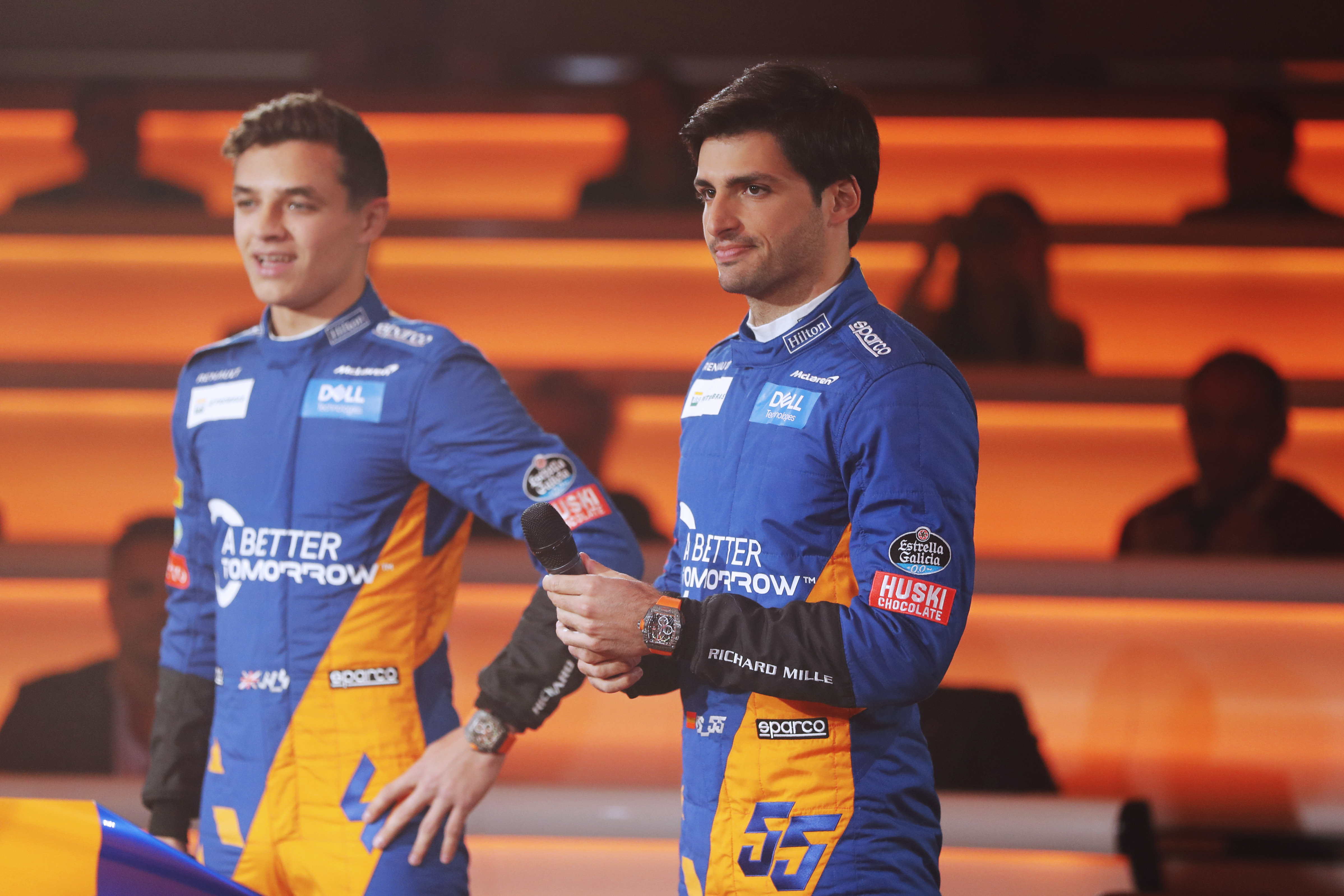 MCL34 Launch event_Carlos Sainz and Lando Norris on stage